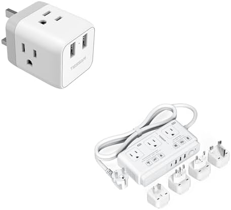 TESSAN US to UK Plug Adapter, Type G UK Travel Plug Adapter with 3 AC and 2 USB Ports, 220V to 110V Voltage Converter, Step Down Transformer, for UK EU AUS Italy Spain, for Hair Dryer Curling Iron