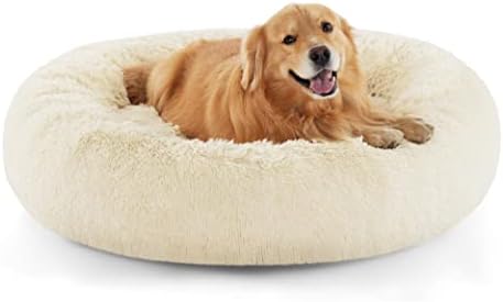 Bedsure Calming Dog Bed for Extra Large Dogs - Donut Washable Large Pet Bed, Anti-Slip Round Fluffy Plush Faux Fur Dog Bed, Fits up to 125 lbs Pets, Oat Milk, 45 inches