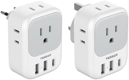 European UK Travel Plug Adapter, TESSAN US to Europe Power Adaptor with 4 AC Outlets and 3 USB, Type C/G for USA to EU Swiss Ireland France Germany Spain Greece England Italy British