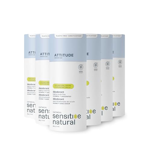 ATTITUDE Baking Soda Free Deodorant for Sensitive Skin with Oatmeal, EWG Verified, Aluminum Free, Plastic-Free, Unscented, 3 Ounces (Pack of 6)