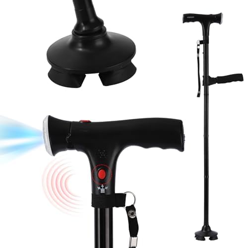 Walking Stick，Walking Canes for Women & Men，Folding Cane with Led Light and Alarm, with Side Handle, Collapsible Cane Lightweight, Free Self Standing Foldable Stick for Seniors & Adults