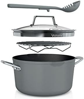 Ninja CW202GY Foodi NeverStick PossiblePot, Premium Set with 7-Quart Capacity Pot, Roasting Rack, Glass Lid & Integrated Spoon, Nonstick, Durable & Oven Safe to 500°F, Sea Salt Grey