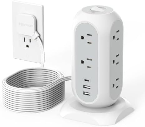 15 ft Extension Cord Tower Power Strip, 11 Outlets 3 USB(1 USB-C) Chargers, TESSAN Surge Protector with Multi Plug Outlet, 1050J Protection, Office Supplies, Desk Accessories, School Dorm Essential