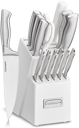 Cuisinart Block Knife Set, 15pc Cutlery Knife Set with Steel Blades for Precise Cutting, Lightweight, Stainless Steel Durable & Dishwasher Safe, White