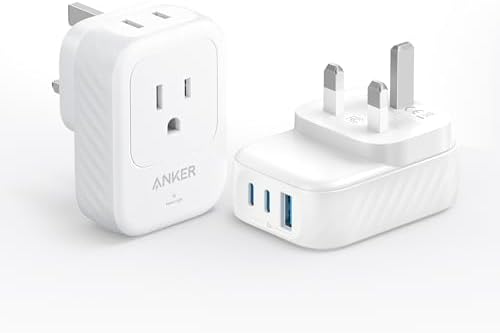 Anker (Pack of 2) USA International Plug Adapter, Travel Adapter, 15W Max with 2 AC, 2 USB-C & 1 USB-A Port, Ideal for iPhone 15, iPad Air & More, Compact for Travel, Cruise (TUV Listed) (Type G-UK)