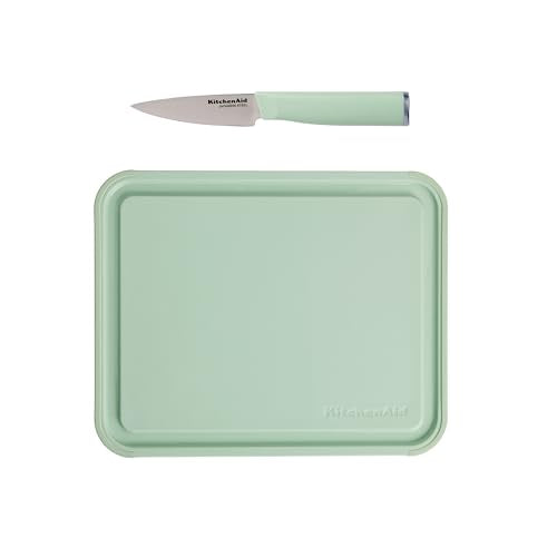 KitchenAid 3.5-Inch Paring Knife with 8x10 Inch Poly Cutting Board Set, High Carbon Japanese Steel, Ergonomic Handle, and Nonslip Edges, Pistachio