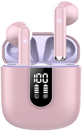 Jesebang Wireless Earbuds, 2024 Bluetooth 5.3 Headphones, Stereo Earphones with ENC Mic, Wireless Headphones in Ear Earbuds with Dual LED Display, 30H Playtime, Gym Headphones IP7 Waterproof, Pink