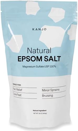 FSA HSA Eligible Kanjo Natural Epsom Salt - 100% Pure Magnesium Sulfate USP Bath Salt - Soak for Muscle Pain, Foot Pain, & Joint Pain Relief - Unscented - 16oz Bag