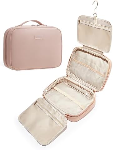 EACHY Travel Toiletry Bag with Hanging Hook, Portable Makeup Cosmetic Bags for Women, Water-Resistant Full-Size Travel Accessories (Pink)