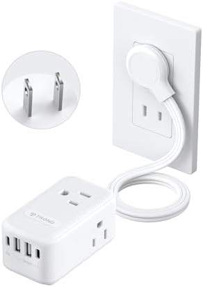 TROND 2 Prong Power Strip, Two Prong Outlet Adapter, 20W USB C, 5 FT Ultra Flat Plug Extension Cord, 1250W, 3 Outlets, Wall Mount, 3 Side Design, Ideal for Old House, White