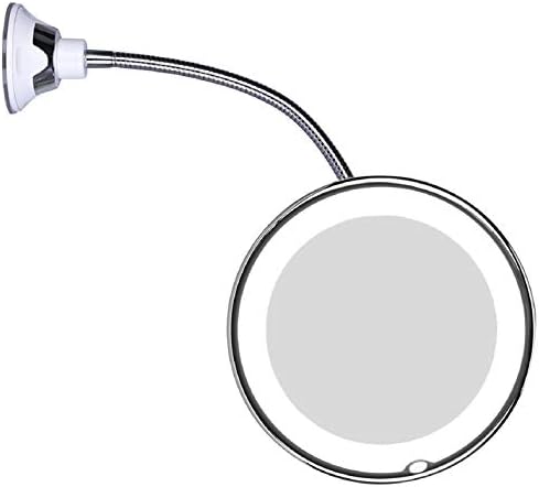 JiBen Flexible Gooseneck LED Lighted 10X Magnifying Makeup Mirror with Power Locking Suction Cup and 360 Degree Swivel, Portable Cordless Travel and Home Bathroom Vanity Mirror