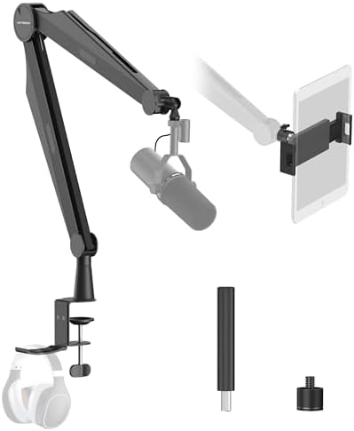 IXTECH Mic Boom Arm Microphone Arm for Blue Yeti Shure Sm7b Hyperx QuadCast Rode At2020 and Fifine Upgraded Mic Stand with Tablet and Headphone Holder for Gaming Podcasting and Streaming CAPTAIN PRO