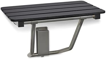 30-inch x 15-inch ADA Folding Wall Mount Bathroom Shower Seat Bench, Black Slatted Phenolic Seat