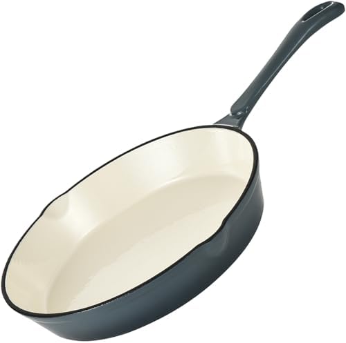 Hamilton Beach Enameled Cast Iron Fry Pan 8-Inch Slate, Cream Enamel Coating, Skillet Pan For Stove top and Oven, Even Heat Distribution, Durable
