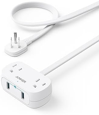 Anker USB Power Strip, 5 ft Thin Cord and Flat Plug, Small Power Strip with 2 Outlets and 2 USB Charger, Safety System for Desktop Charging, Compact for Cruise Ship, Travel, Desk, and Home Office