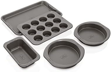 Ninja B35005 Foodi NeverStick Premium 5-Piece Bakeware Sheet Set, Oven Safe up to 500⁰F, with 11x17 Inch Baking Sheet, 5x9 Inch Loaf Pan, 12 Cup Muffin Pan, & (2) 9 Inch Round Cake Pans, Grey