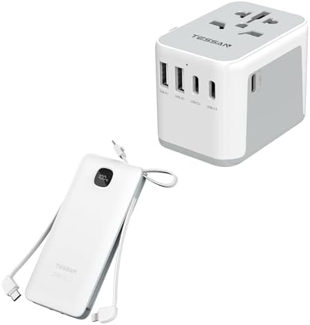 TESSAN Universal Travel Adapter, International Power Adapter 5.6A 3 USB C 2 USB A Ports with Portable Phone Charger with Built in Cables, 10000mAh Power Bank Fast Charging with Foldable AC Plug