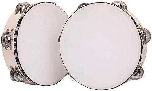 2Pack 8 Inch Double Row Tambourine for Adults Wooden Hand Held Drum Bell Tambourine with Metal Jingles, Percussion Musical Instruments Hand Tambourine for Church, KTV, Party