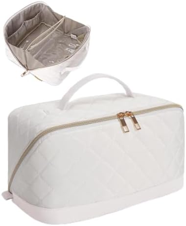 Wandering Nature Travel Makeup Bag,Travel Make up Bag with Large Capacity,Quilted Makeup Organizer Bag, Open Flat Travel Toiletry Bag for Women Cosmetic Bag with Divider and Handle,Patent Pending