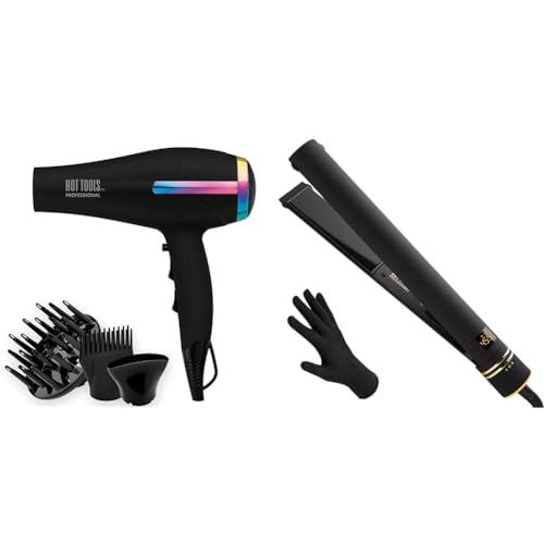 Hot Tools Professional Rainbow Turbo Ceramic Hair Dryer | 1875W Powerful and Quiet Blowouts & Pro Artist Black Gold Evolve Ionic Salon Hair Flat Iron | Long-Lasting Finish for Straightening Hair,
