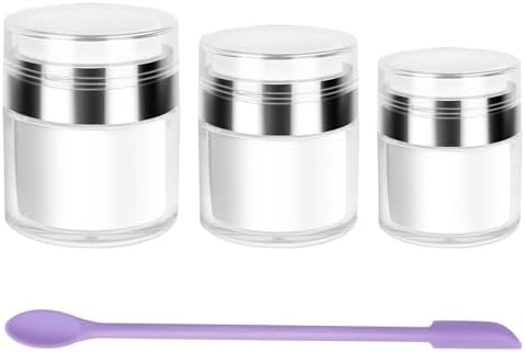 3 Pack Airless Pump Jars Refillable Cosmetic Moisturizer Pump Botttles Travel Size for Cream, Gels and Lotion with Silicone Spatula 0.5oz 1oz 1.7oz