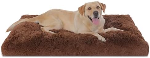 Bedfolks Waterproof Dog Crate Bed,Plush Dog Crate Pad with Removable Cover,Faux Fur Dog Bed for XXL Dogs,Fluffy Washable Dog Kennel Bed 47"x29",Solid Brown