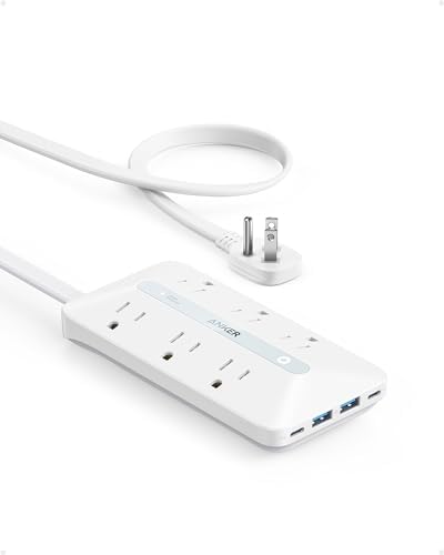 Anker Flat Plug Power Strip(300J), 20W USB C Power Strip, 10-in-1 Ultra Thin Power Strip with 6 AC, 2 USB A/2 USB C,5feet Extension Cord, Desk Charging Station,Home Office College Dorm Essentials