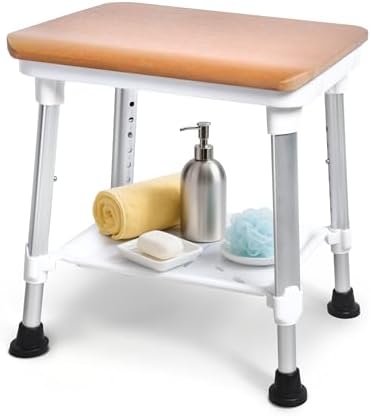 Sangohe Shower Chair for Inside Shower, Shower Chair with Wood Seat Board and Back, Height Adjustable Shower Stool for Elderly and Disabled, 400 lbs Heavy Duty Shower Seat for Seniors, 796D-B