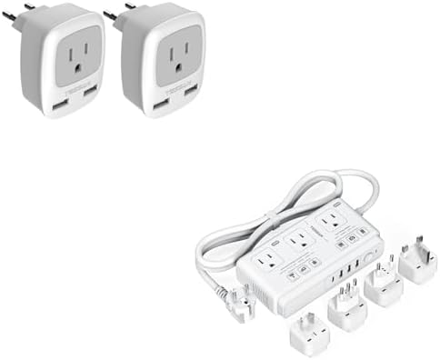 European Travel Plug Adapter 2 Pack, TESSAN International Power Outlet Adaptor with 2 USB, 220V to 110V Voltage Converter, Step Down Transformer, for UK EU AUS Italy Spain, for Hair Dryer Curling Iron