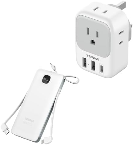 US to UK Plug Adapter, TESSAN Type G Travel Converter with 3 USB Charger(1 USB C Port) with Portable Phone Charger with Built in Cables, 10000mAh Power Bank