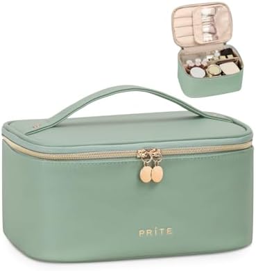 Prite Makeup Bag, Large Capacity Portable Travel Cosmetic Bag, Waterproof Makeup Organizer for Women with Handle and Divider(Green)
