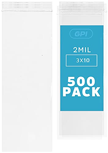 GPI 500 Pack, 3" X 10" Long, Clear Plastic Reclosable Zip Bags - Bulk, 2 Mil Thick, Durable, Resealable Poly Baggies with Zip Top Lock for Packaging & Shipping Incense, Necklaces & Jewelry.