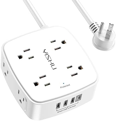 10 Ft Surge Protector Power Strip - YISHU 3 Side Outlet Extender with 8 Widely AC Outlets and 4 USB Ports, 10 Feet Extension Cord with Flat Plug, Wall Mount Desk USB Charging Station, ETL,White