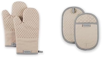 KitchenAid Asteroid Oven Mitt 2-Pack Set, Milkshake Tan, 7"x12.5" & Asteroid Oval Pot Holder 2-Pack Set, Milkshake Tan, 6.5"x10"