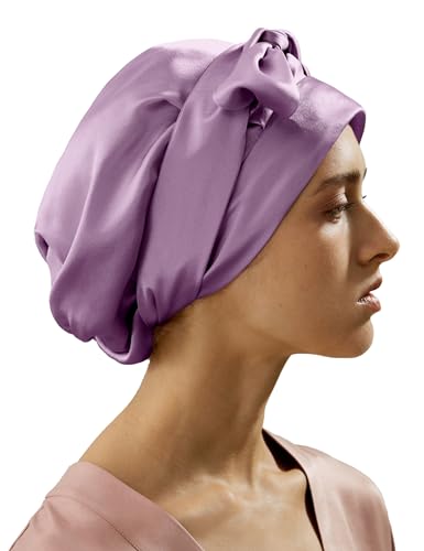 LilySilk 100% Silk Bonnet Pure Mulberry Silk Sleep Cap Womens Natural Silk Bonnet for Sleeping and Hair Care Night Hair Wrap with Long Elastic Band Stay On Lavender