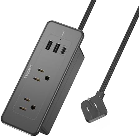 Recessed Power Strip Surge Protector 900J, TESSAN Ultra-Thin Flat Plug 5ft with 4 Outlets 3 USB Charger(1 USB C Port), Flush Mount Desk Charging Station for Counter, Kitchen Island, Table, Cabinet