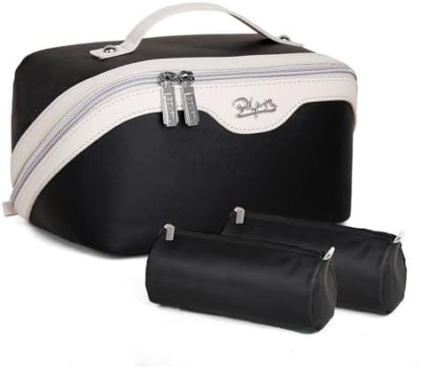 Travel Makeup Bags Cosmetic Organizer Bag: Vegan Leather Cosmetic Bags for Women - Large Capacity Make up Bag with Handle - Wide Open Portable Toiletry Bag with Divider Set of 3 (Black)