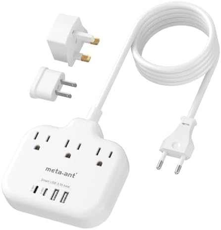 European Travel Plug Adapter, International Power Adapter, US to UK Europe Power Strip for EU/UK/US with 3 AC Outlets & 4 USB(2 USBC), 5ft Extension Cord, Type C for EU UK Europe Germany France, White