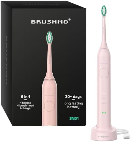 Brushmo Super Sonic Toothbrush, Rechargable Long Lasting 30 Day Battery with 5 Brush Modes, 33,660 VPM, Compatible with Philips Sonicare, Timer, Includes Charging Base and 4 Toothbrush Heads, Pink