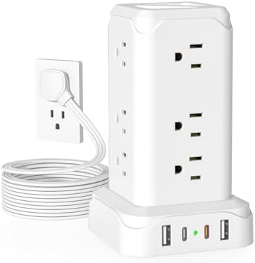 Surge Protector Power Strip Tower, Flat Plug Power Strip with 12 Outlets 4 USB Ports PD20W, 6Ft Extension Cord with Multiple Outlets, Desk Charging Station Tower for Travel Home Office Dorm