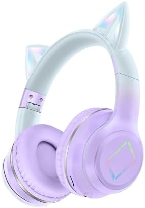 Kids Bluetooth Headphones,Cat Ear LED Light Child Wireless Headphones with Mic,Adjustable Headband,TF Card,Foldable Bluetooth Stereo Over-Ear Kids Headsets for Boys Girls Adults (Purple)
