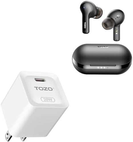 TOZO A2 Bluetooth Wireless Earbuds Black + C1 USB C 20W PD Power Adapter Fast Wall Charger Type C White
