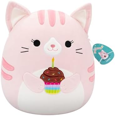 Squishmallows Original 14in Laura The Pink Tabby Cat Holding Cupcake - Official Jazwares “Happy Birthday” Plush (Large)