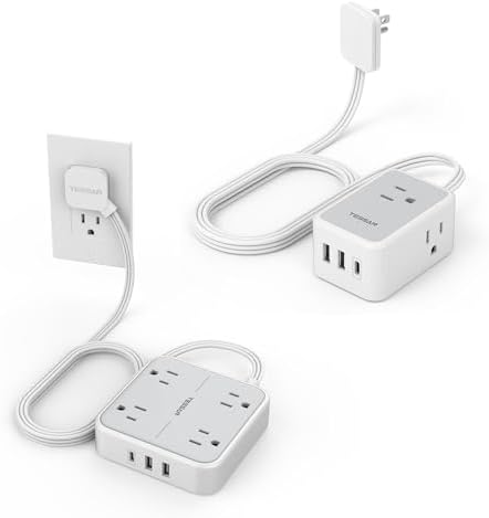 Flat Plug Power Strip, TESSAN Ultra Thin Extension Cord with 3 USB Wall Charger (1 USB C), Multiple Outlets, 5 ft Slim Plug for Cruise Travel Office School Dorm Room Essentials