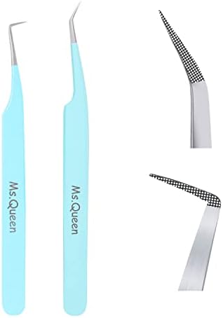 Ms.Queen Eyelash Tweezers for Extensions, 2Pcs Fiber Tip Grip 45 and 90 Degree Mega Volume Tweezers Set for Lash Extensions-Blue
