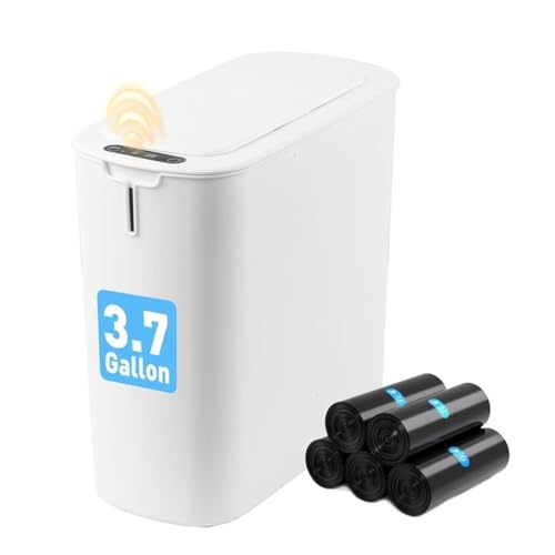 Bathroom Garbage Can 3.7 Gal Automatic Motion Sensor Trash Can with Lid Electric Narrow Small Garbage Bin for Office, Living Room, Toilet, Kitchen, Bedroom, Rv