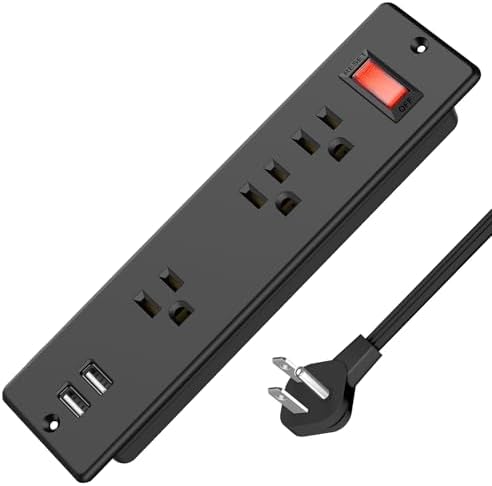 HHSOET 5 in 1 Recessed Outlet with Switch, Furniture Power Strip with USB, 3 AC Plugs Conference Socket, 2 USB Ports, 6ft Power Cord.(Black)