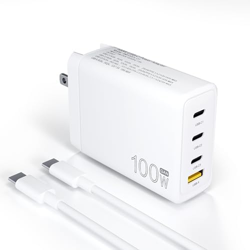 GaN 100W USB-C Laptop Charger - Fit for HP, Lenovo, ASUS, Samsung, MacBook Pro, Air, iPad Pro, Acer, LG, Razer, Dell Laptop, 4-Ports Charging Station Type C Adapter with 5ft AC Cable for Steam Deck