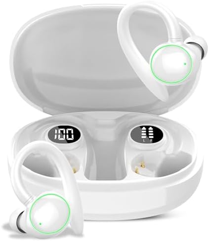 Wireless Earbuds, Bluetooth 5.3 Headphones Sport, Over Ear Buds With ENC Noise Cancelling Mic, 48H, Wireless Earphone With Earhooks, Stereo Deep Bass, IP7 Waterproof Headset for Workout Running, White