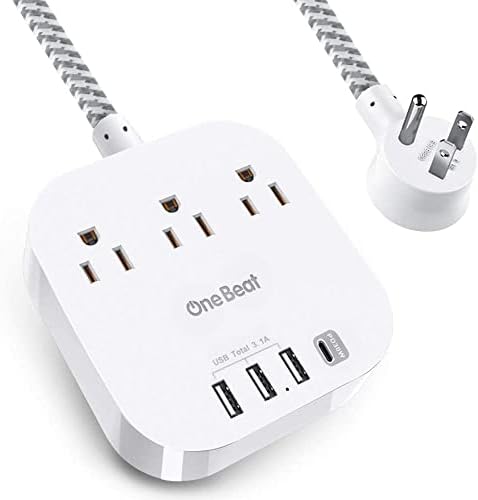 USB C Power Strip, 45W Power Delivery Charger with 3 Outlets & 4 USB Ports(1 USB C 30W, 3 USB A 15W), 5 ft Braided Extension Cord, Flat Plug for MacBook Pro, iPad Pro, iPhone
